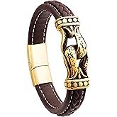 HAQUIL Men's Brown Leather Bracelet with Nordic Rune Bead and Secure Gold Plated Steel Clasp | Viking Jewelry Ideal Father's Day Anniversary Christmas Birthday Gift for Him