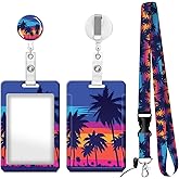 AKTDQ ID Badge Holder with Lanyard, Retractable Badge Holders Reels with Lanyards Adjustable, for Women Kids Teacher Nurses Doctor Student(Palm Trees)