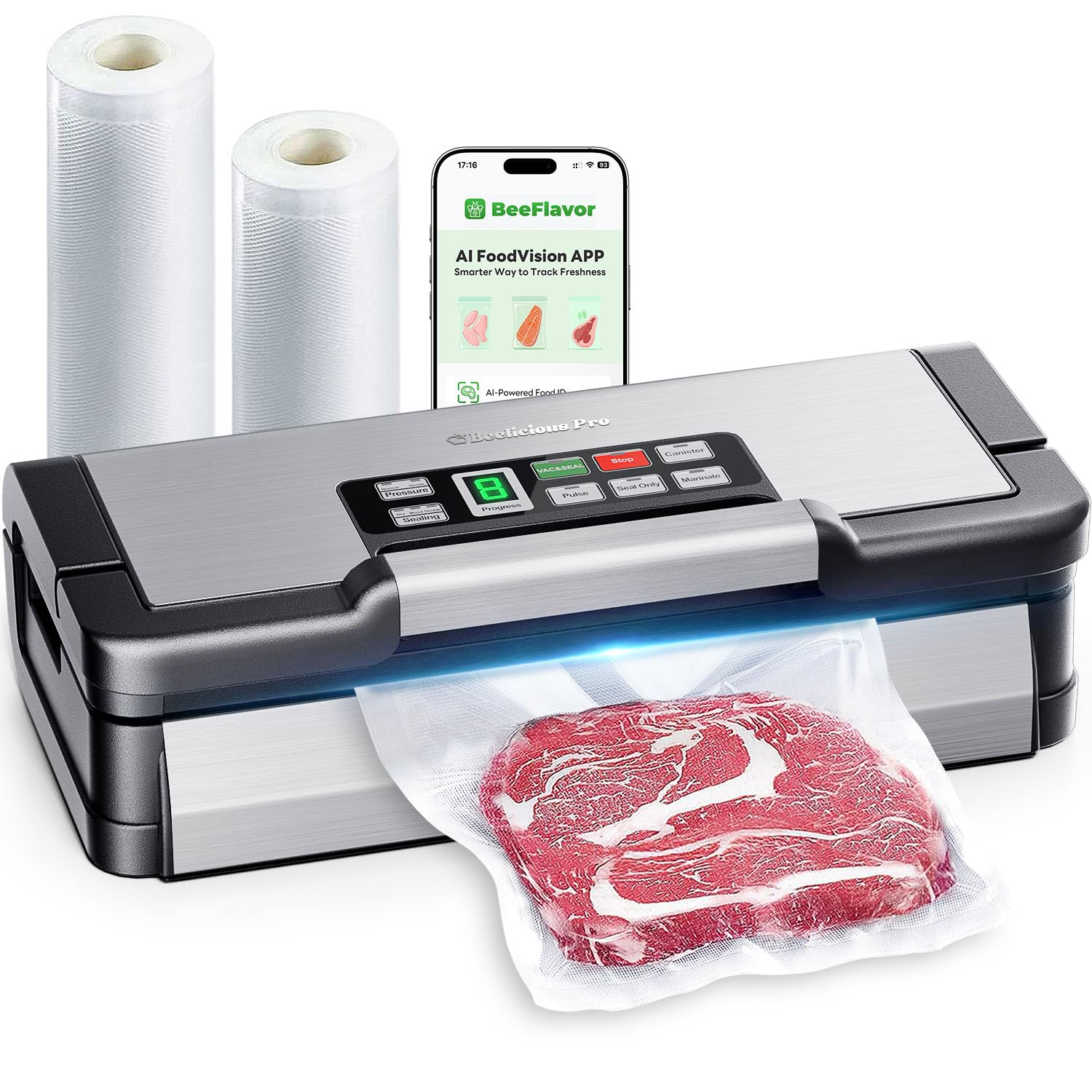 Photo 1 of 95kPa Vacuum Sealer Machine with AquaLock Technology, for Moist Seals, 2X Seal & 130W, Fully Automatic Food Sealer, Built-In Cutter, Bag Storage & Hose, Precision Sealing, 2 Bag Rolls,Stainless Steel