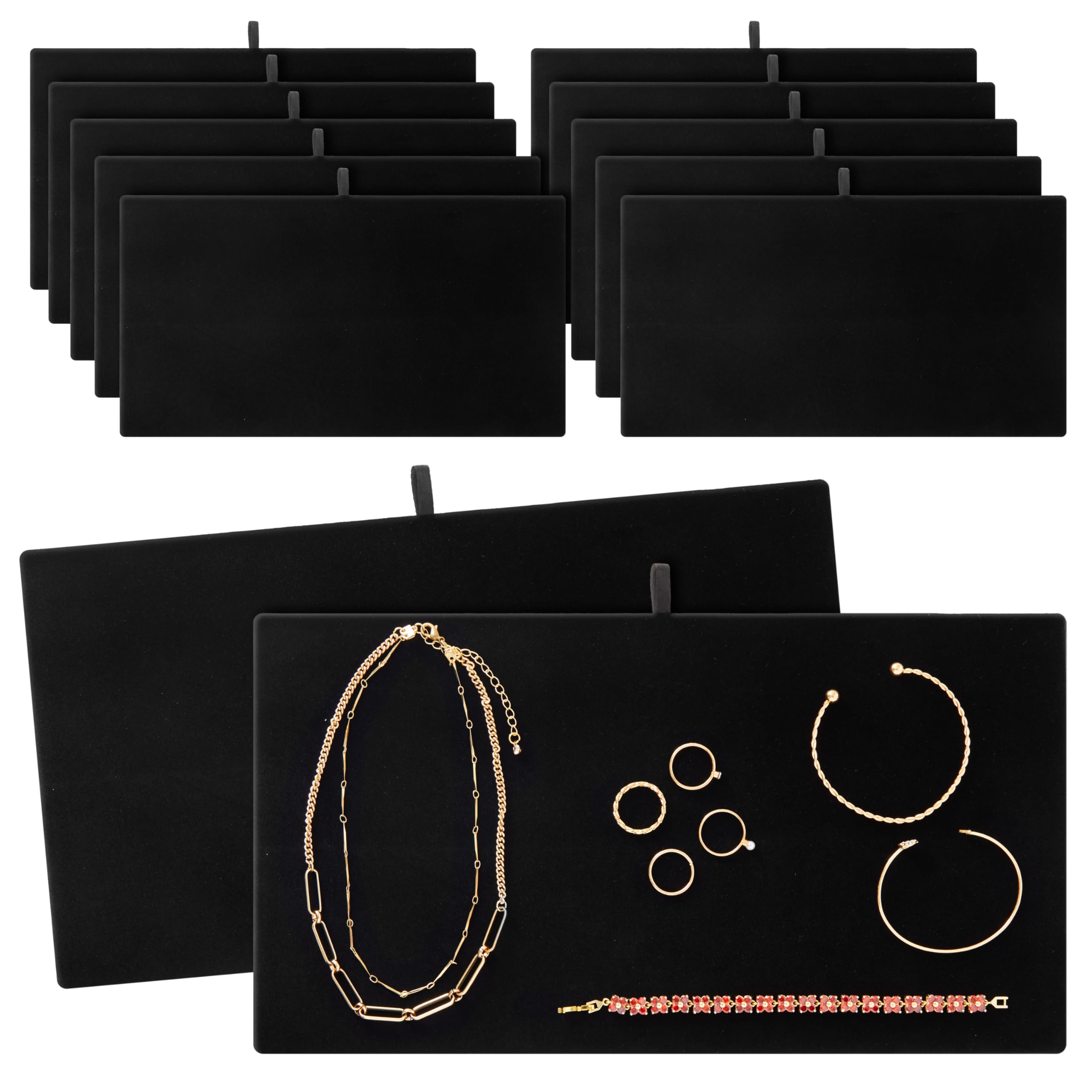 Photo 1 of 12 Pack Velvet Jewelry Display Tray for Selling and Displaying Necklaces, Earrings, Jewels, Bracelets, Anklets, Rings, Gemstones, Chains, Brooches (Black, 14 in)