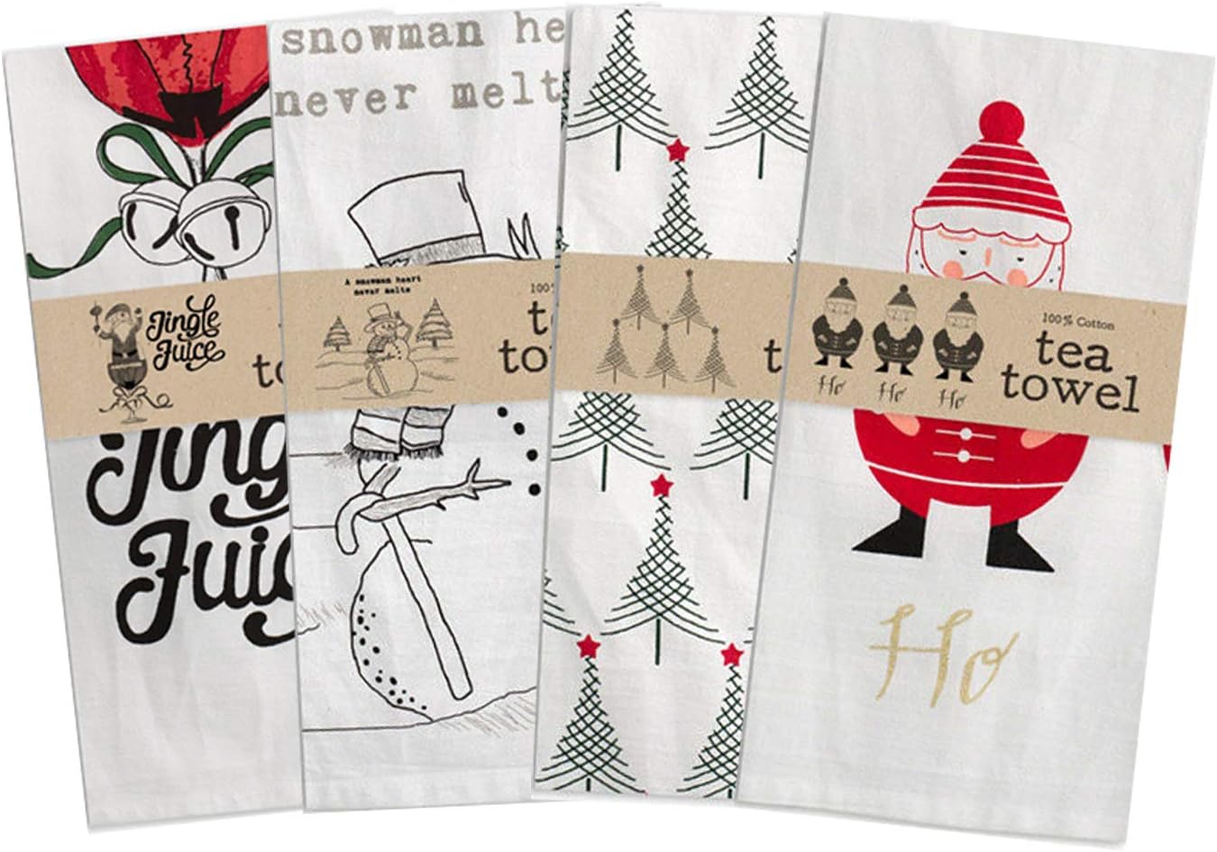 CTW Home Collection Bundle of 4 Christmas Tea or Dish Towels Jingle Juice, Ho Ho Ho, Trees, Snowmans Heart