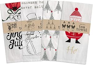 CTW Home Collection Bundle of 4 Christmas Tea or Dish Towels Jingle Juice, Ho Ho Ho, Trees, Snowmans Heart