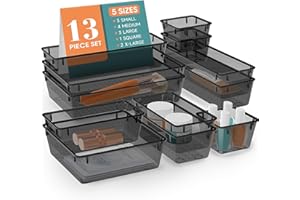 WOWBOX 13 PCS Clear Plastic Drawer Organizer Set, 5 Sizes Desk Drawer Divider Organizers and Storage Bins for Makeup, Jewelry, Gadgets for Kitchen, Bedroom, Bathroom, Office, Black