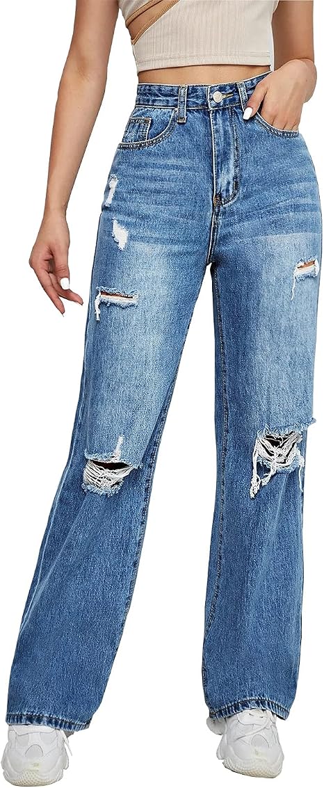 Genleck Ripped Boyfriends Jeans for Women Casual High Waist Baggy Denim