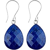 DEVMUKTI 925 Sterling Silver Lapis Lazuli Gemstone Dangle Earrings, Natural Crystal Cabochon, Handmade Jewelry, September Birthstone Jewelry Women Gift
