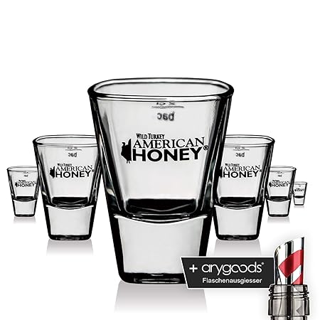 6 x Wild Turkey Glas Gläser Honey Shotglas Schnapsglas Bourbon Gastro NEU + anygoods Flaschenausgiesser