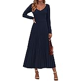 PRETTYGARDEN Women Sweater Dress Fall Fashion 2026 Long Sleeve V Neck Ribbed Knit Pleated A Line Elegant Maxi Winter Dresses
