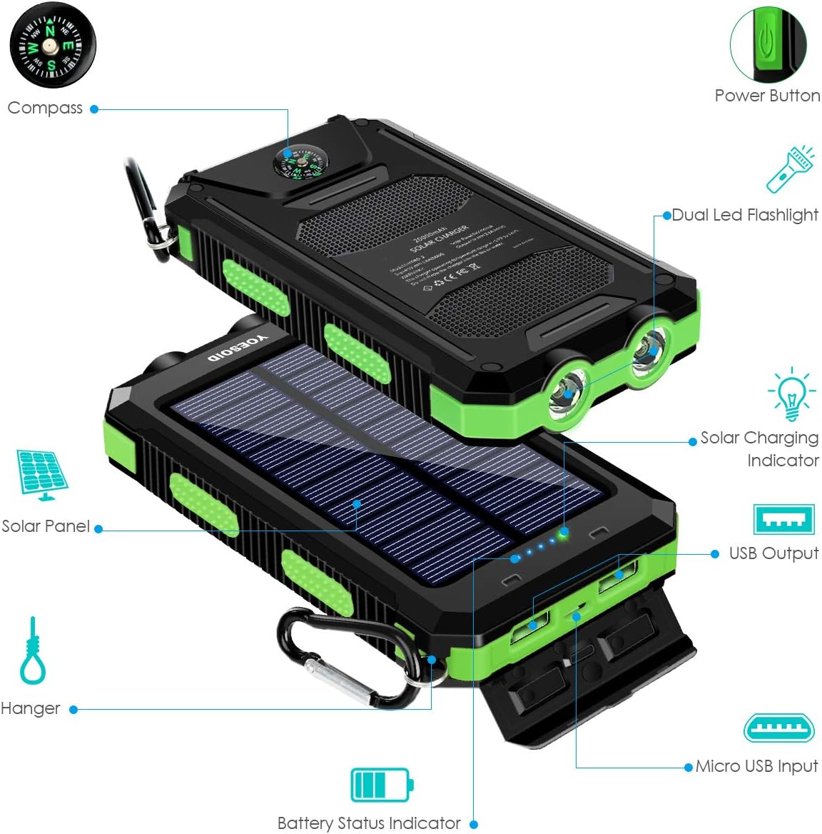 Solar Charger 20000mAh YOESOID Portable Solar Power Bank Outdoor Waterproof Camping External Backup Battery Pack with Dual USB Ports 2 LED Light Carabiner and Compass, Compatible Most Smart Phones