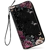GFRGTFHYT Womens Wallet, Large Capacity RFID Blocking PU Leather Wristlet Wallets for Women Ladies Men Credit Card Holder Zipper Wallet Phone Holder Clutch Travel Purse, Black Flower Butterfly