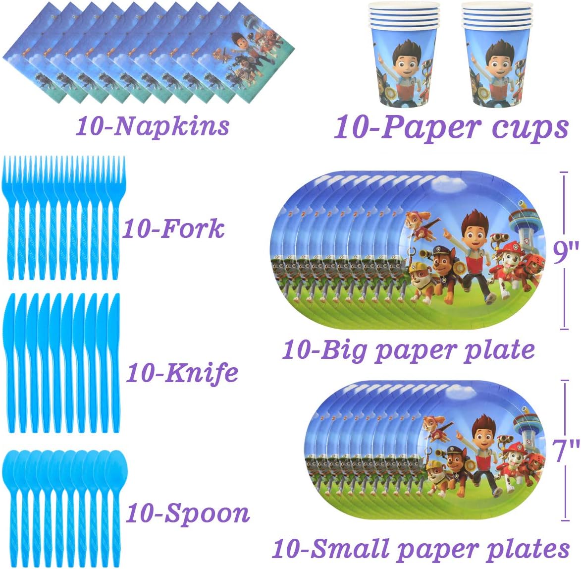 Dog Patrol Party Supplies Decoratins Set- Serve 10 Guests -167 Pcs, Birthday Packs Includes Flatwares, Cups, Tablecloth, Backdrop, Napkins, Balloon, Banner, Cakeforks for Kids Girls Boys: Toys & Games