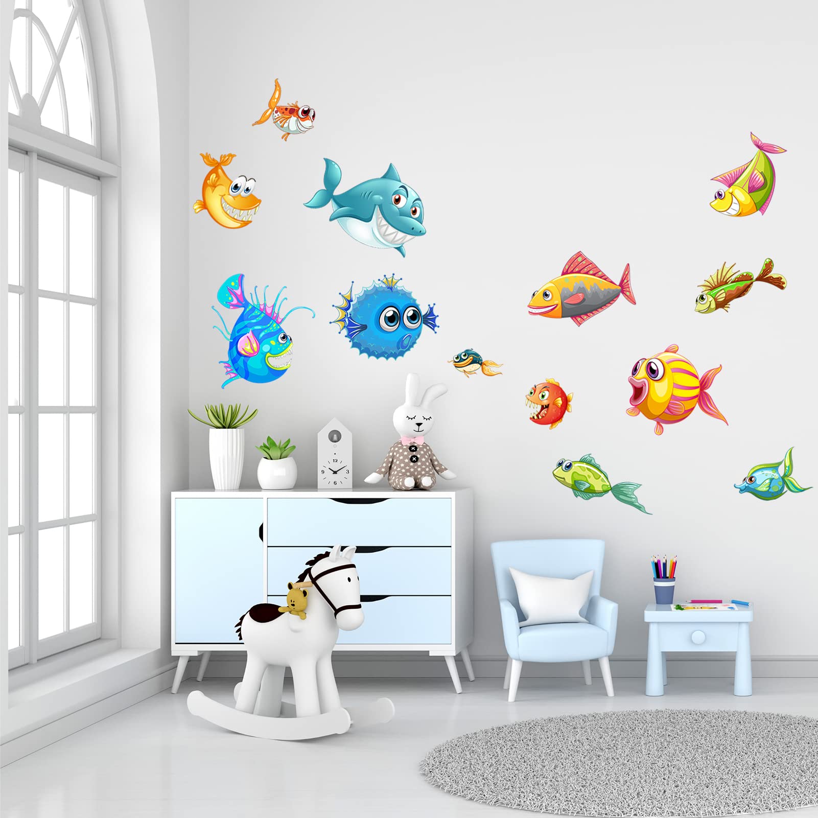 AnFigure Wall Stickers for Kids Marine Animal Wall Decals Baby Babies Childrens Nursery Playroom Daycare Bathroom Bedroom Wall Stickers Shark Sea Dolphin Fish Sea Ocean Beach Nautical Wall Decor