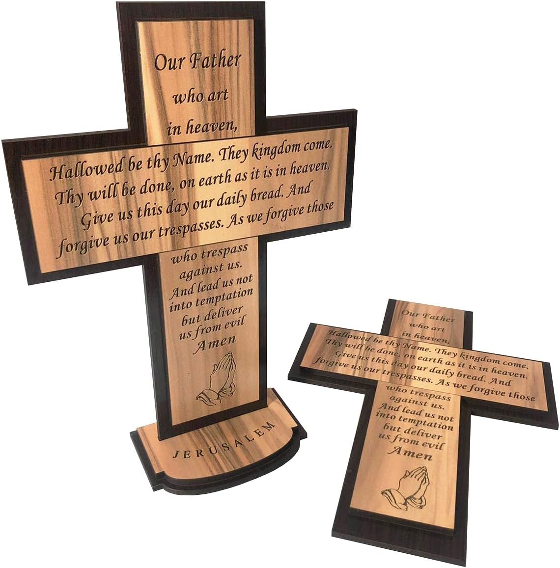 The Lord’s Prayer Wooden Free Standing / Wall Hanging Décor Cross (10 Inch English) - Matthew 6:9-13, Laser Engraving of 'Our Father Prayer' on Wooden Blocks From Jerusalem - By Olive Wood Gifts Shop
