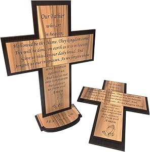 The Lord’s Prayer Wooden Free Standing / Wall Hanging Décor Cross (10 Inch English) - Matthew 6:9-13, Laser Engraving of 'Our Father Prayer' on Wooden Blocks From Jerusalem - By Olive Wood Gifts Shop