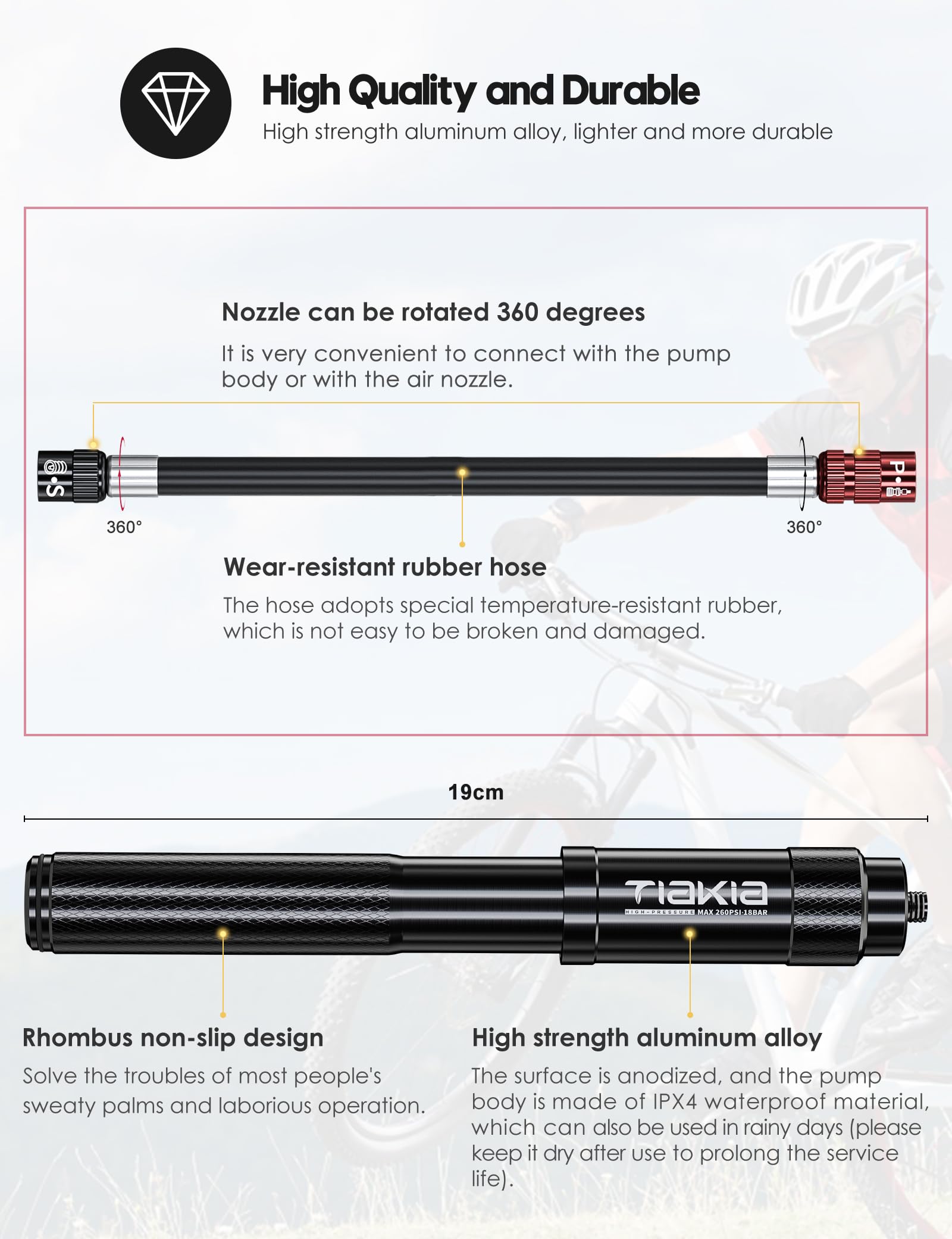 Tiakia Fahrrad Pumpe Mini 260PSI Hoher Druck Luftpumpe Klein für Presta Schrader Dunlop Ventile, Kompakt Tragbare Handpumpe Fahrradpumpe Leicht für BMX Mountainbike Rennrad E-Bike mit Montagehalterung 5