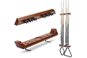 GoSports Wall Mounted Pool Cue Stick Holder - Holds 6 Cues and 2 Triangle Racks - Multiple Colors Available