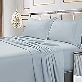 Tribeca Living Bed Sheet Set, Soft Egyptian Cotton Sateen Solid Sheets and Pillowcase Set, Deep Pocket, 600 Thread Count, 6-Piece Luxury Bedding, California King, Sky Blue