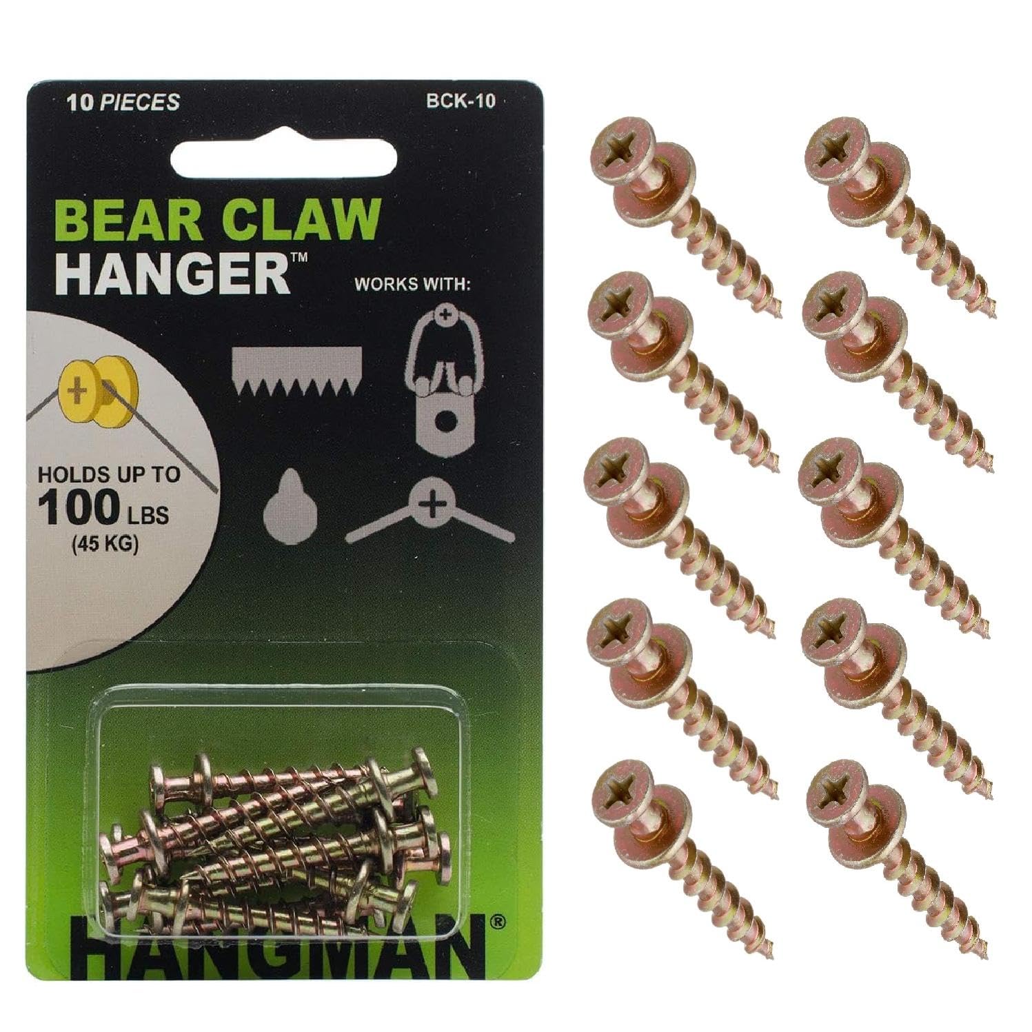Hangman PictureHangers BCK-10 Double-Headed Bear Claw Screws for Saw Tooth's & D Rings, Gold, 10-Pack