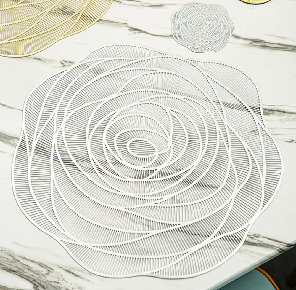 Round Gold Placemats, 6 Pack Decorative PVC Hollow Table Place Mats, Washable for Dining Table (Silver)