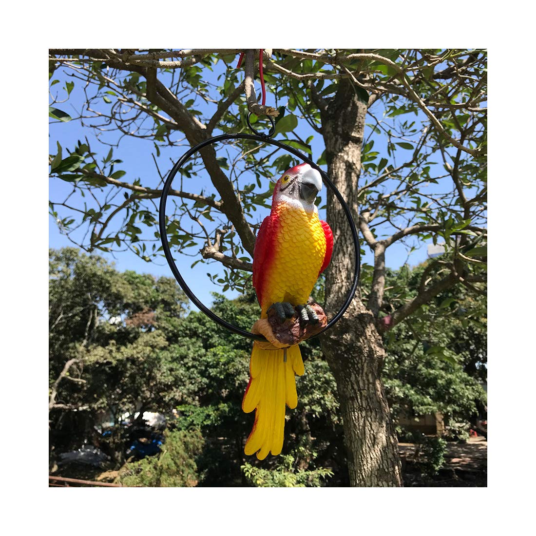 BSIRZAM Hanging Parrot Statue Sculpture On Metal Round Ring Decor for Patio Garden Lawn and Nature Lovers Tropical Bird Collectors by Gifts, 10 inches Long Yellow