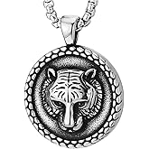 COOLSTEELANDBEYOND Mens Tiger Head Medallion Pendant Necklace, Vintage Stainless Steel, with 24 inches Wheat Chain