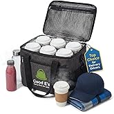 Good E's Reusable Drink Carrier with Handle – Insulated Coffee Cup Holder – Portable 6 Cup Carrier with Shoulder Strap for Delivery – Collapsible Drink Caddy with Adjustable Dividers & Side Pockets