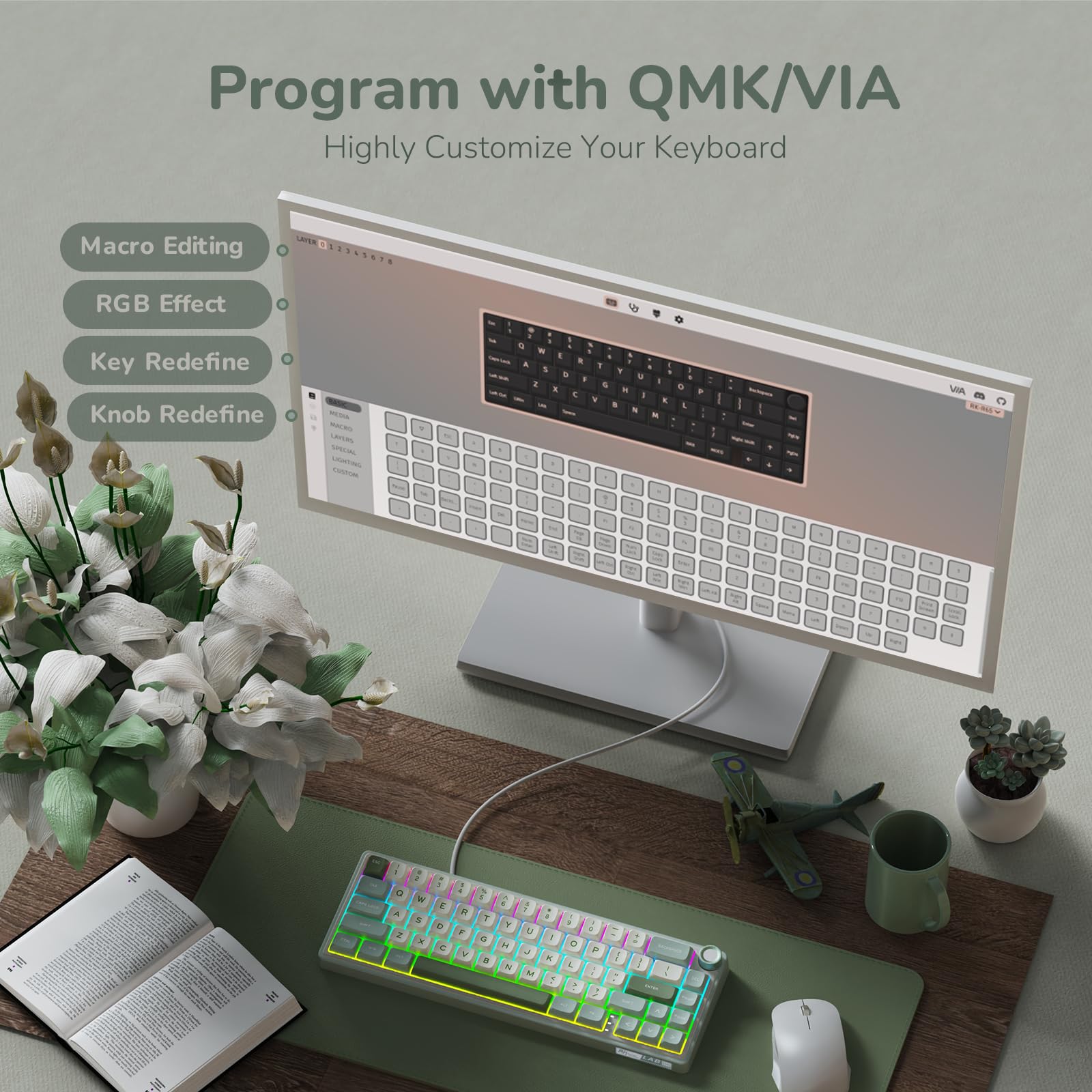 RK ROYAL KLUDGE R65 Wired Mechanical Keyboard, 60% Percent Creamy Gaming Keyboard Gasket Mount RGB Backlit with Programmable Knob, MDA Profile PBT Keycaps, QMK/VIA, Hot Swappable Linear Switch, Cyan