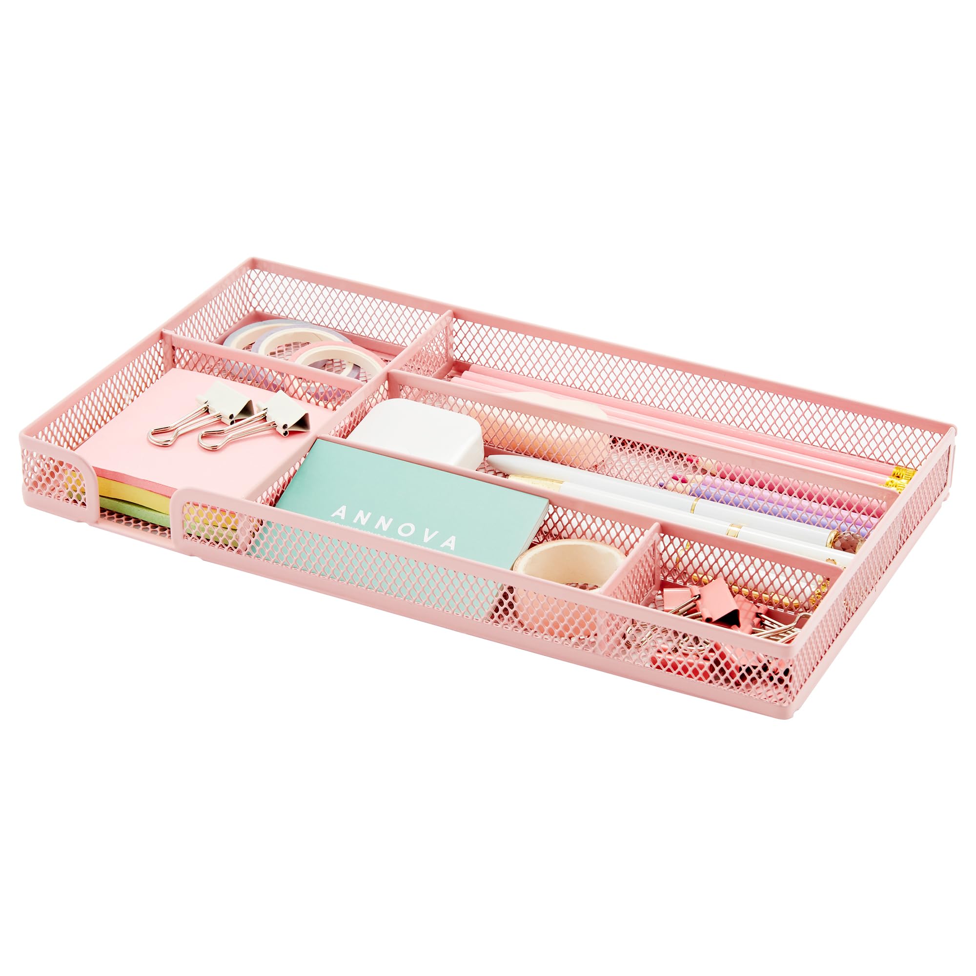 Annova Desk Drawer Organizer Tray for Office Organization - Metal Mesh - Storage Tray with Dividers for Pens, Desktop Accessories, Bathroom, Kitchen, Makeup and Office Supplies (Light Pink)