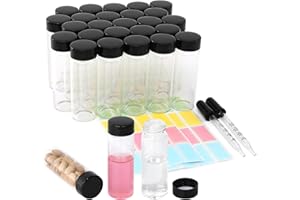 1oz Clear Glass Vials with Lid 25pcs 30ml Screw Caps Sample Bottle with 2 Extra Long Scaled Glass Droppers & 32 Colorful Labl