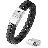 FOCOOG Leather Bracelets for Mens Gifts - Premium Genuine Leather Natural Lava Rock Adjustable Stainless Steel Magnetic Clasp Mens Initial Bracelet, Unique Gifts for Men Husband Dad Son
