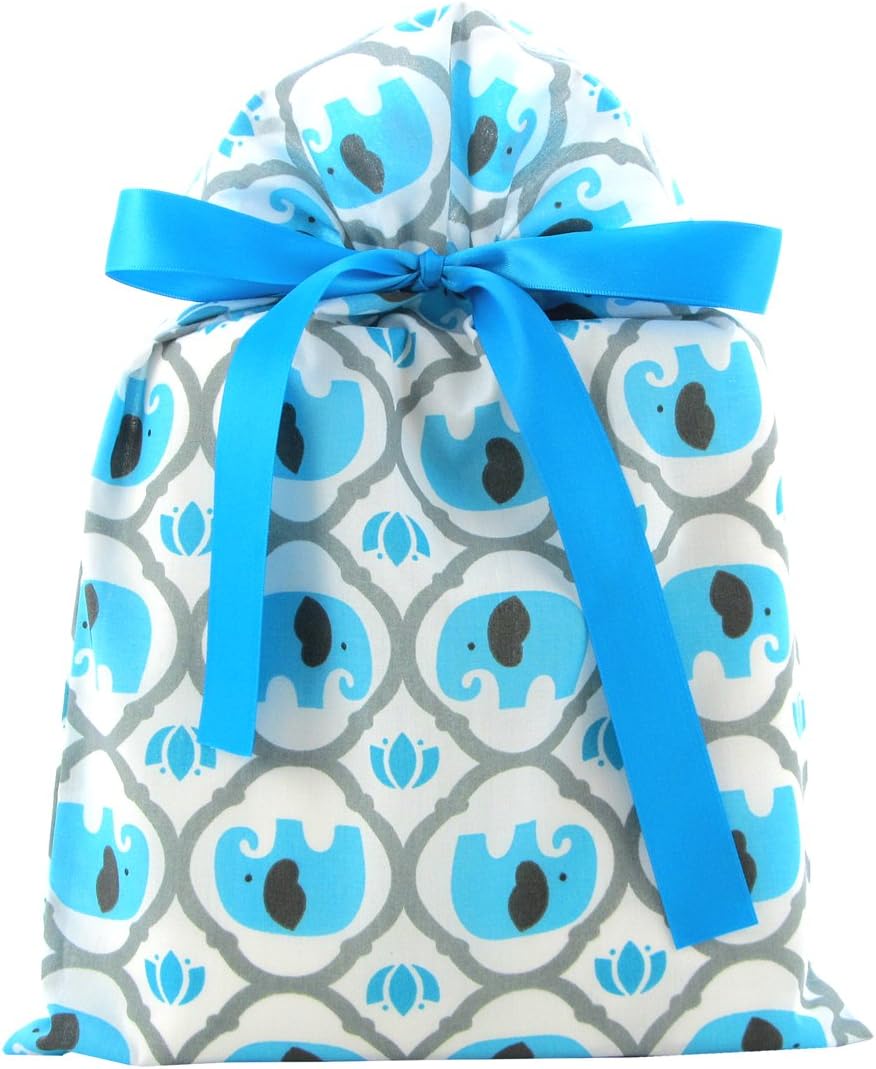 Elephants Reusable Fabric Gift Bag for Baby Shower, Child’s Birthday, or Any Occasion (Standard 10 Inches Wide by 15 Inches High, Turquoise Blue)