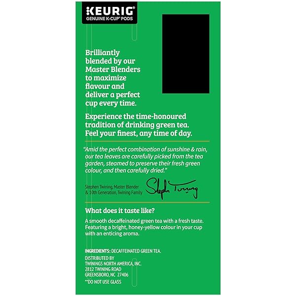 TWININGS DECAFFEINATED GREEN TEA K-CUP PODS FOR KEURIG, 24 COUNT (PACK OF 1), SMOOTH FLAVOUR, ENTICING AROMA, ENJOY HOT OR ICED