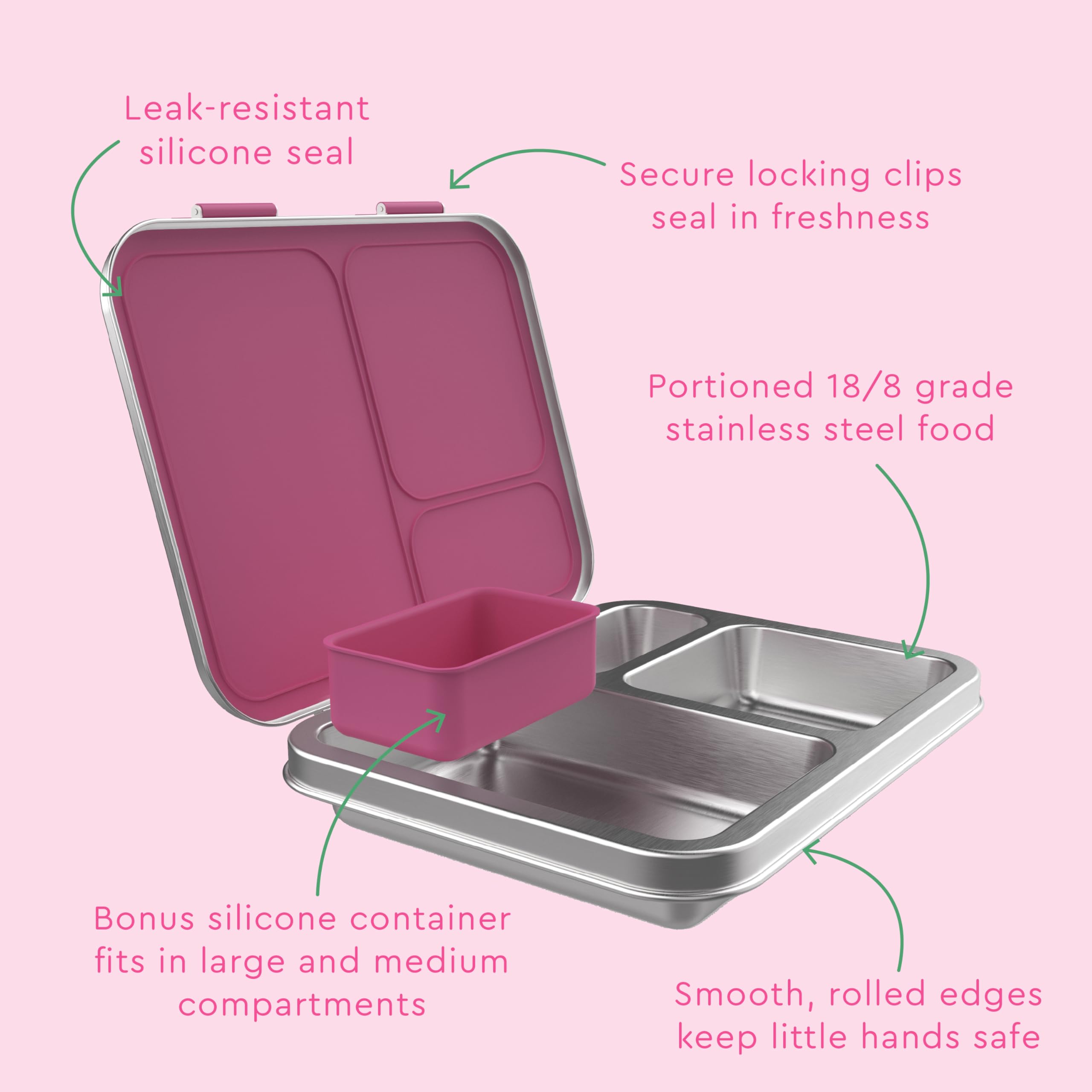 Bentgo Kids Stainless Steel Leak-Resistant Lunch Box - 3-Compartments with Bonus Silicone Container, Durable, Eco-Friendly, Dishwasher Safe, BPA-Free, Ideal for School, Ages 3+ (Fuchsia)