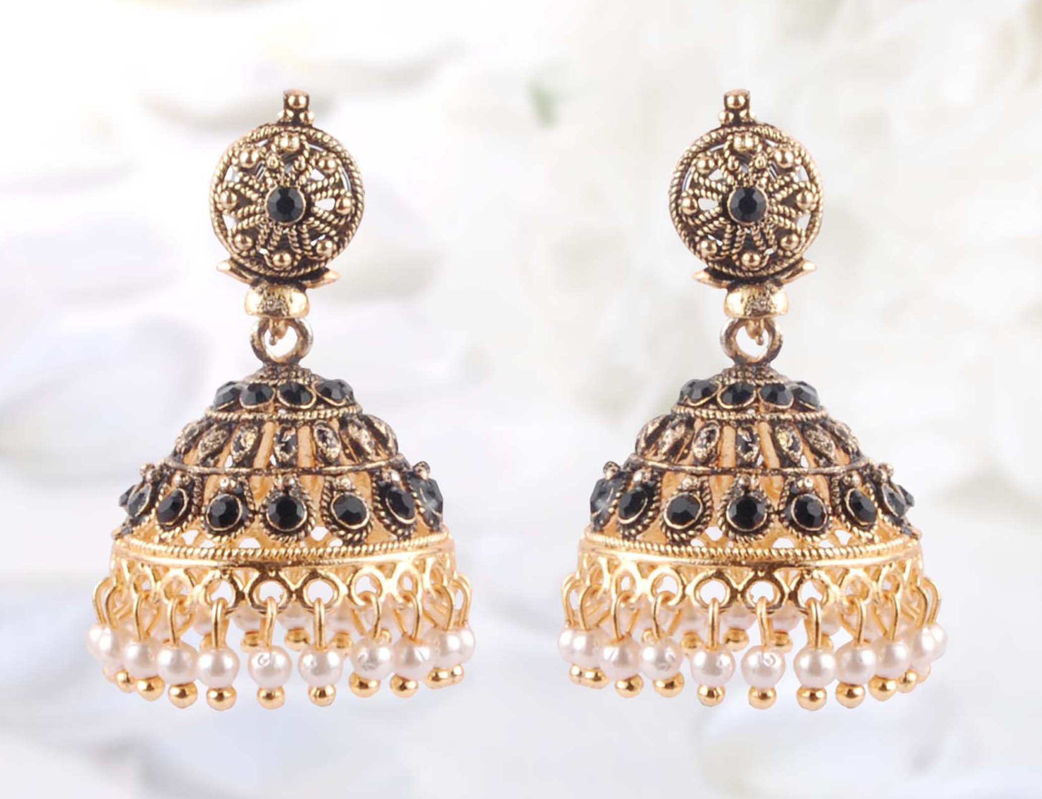 Krishna Handmade INDIAN Antique Designer Jhumkas with Loreal Drops [Black Colour] [Medium Size] [KR-Antique 30]