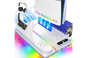 HECLYNIS PS5 Cooling Station for PS5/Slim/Pro Disc Digital Console,PS5 Fan Cooling Fan with Dual PS 5 Controller Charger,3 Level Fan, RGB Light,12 Slot, PS5/Slim/Pro Stand for PlayStation 5 Console Accessories
