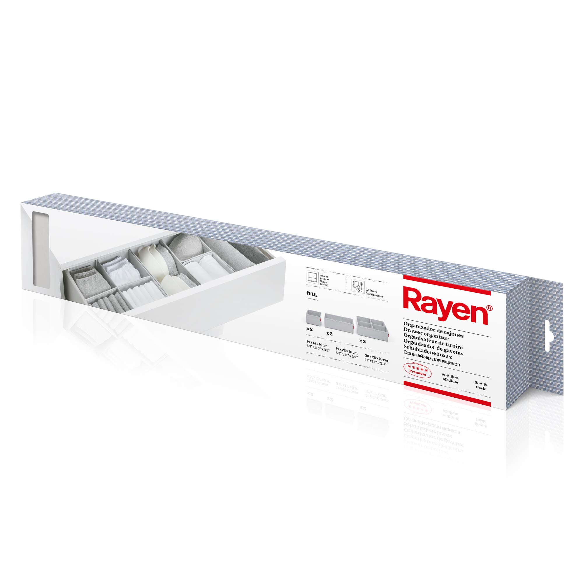 Rayen - Foldable Drawer Organiser Containing 6 Clothes Organiser Boxes in Different Sizes. 2 Boxes 14 x 10 cm, 2 Boxes 14 x 28 x 10 and 2 Boxes 28 x 28 x 10. Light Grey, 2017.11