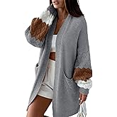 Yidarer Women Oversized Knit Cardigan Open Front Color Block Sweater Casual Fall Outfits with Pockets