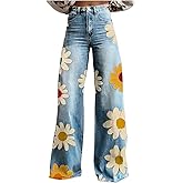 Womens Vintage Boho Floral Print Jeans - Mid Waisted Wide Leg Baggy Flare Pants Plus Size Slacks Trousers with Pockets