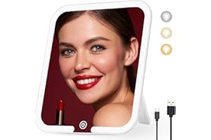 JJHXR Desktop Makeup Mirror with 360° Angle, Vanity Mirror with 3 Adjustable Light Modes, 9.2*8 inch Rechargeable Makeup Mirror with Lights, Portable LED Makeup Mirror Compact Lighted Desk Mirror for Makeup