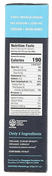 PATAGONIA PROVISIONS ORGANIC FUSILLI PASTA | REGENERATIVE ORGANIC CERTIFIED® | NON-GMO | HIGH FIBER & 8G OF PROTEIN | (1 PACK)