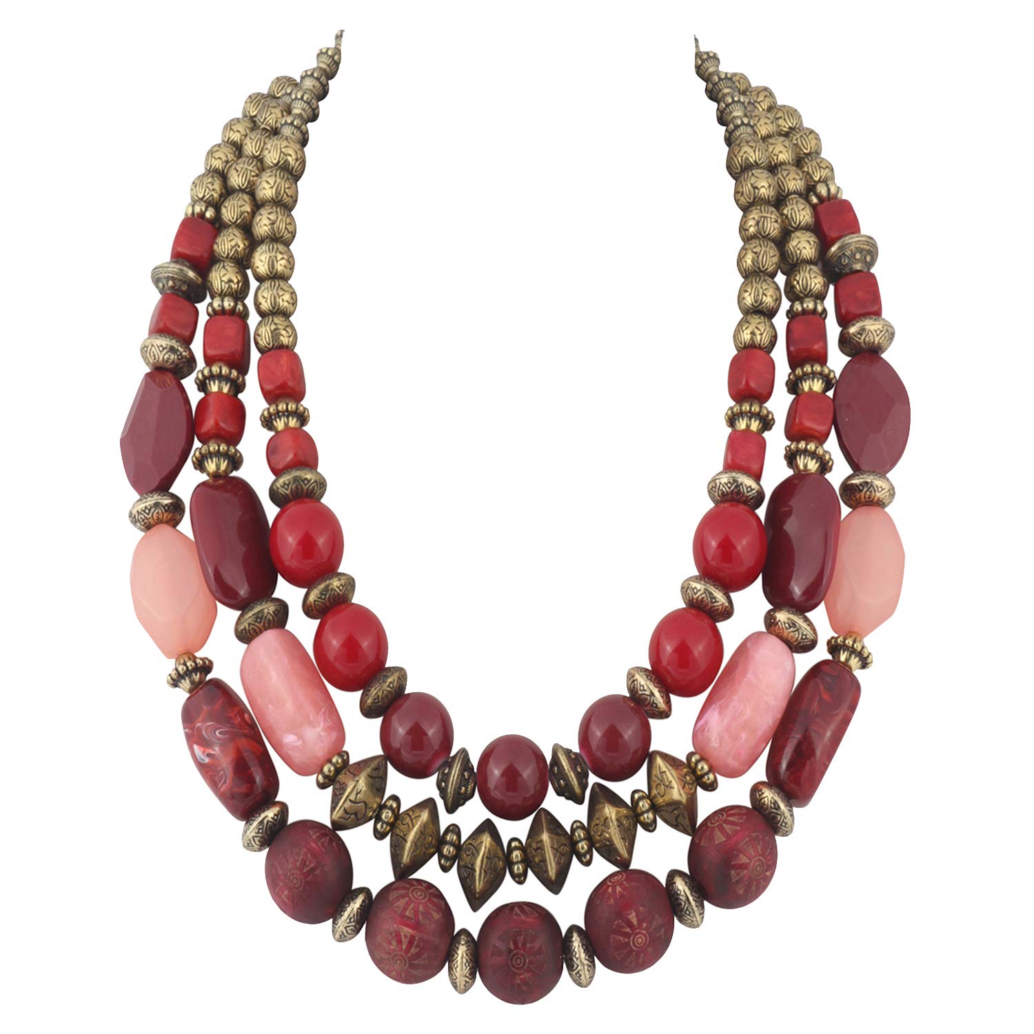 Bocar 3 Layer Chunky Statement Beaded Necklace Fashion Multi Layer Women Collar Necklace(NK-10625-Ruby Wine)