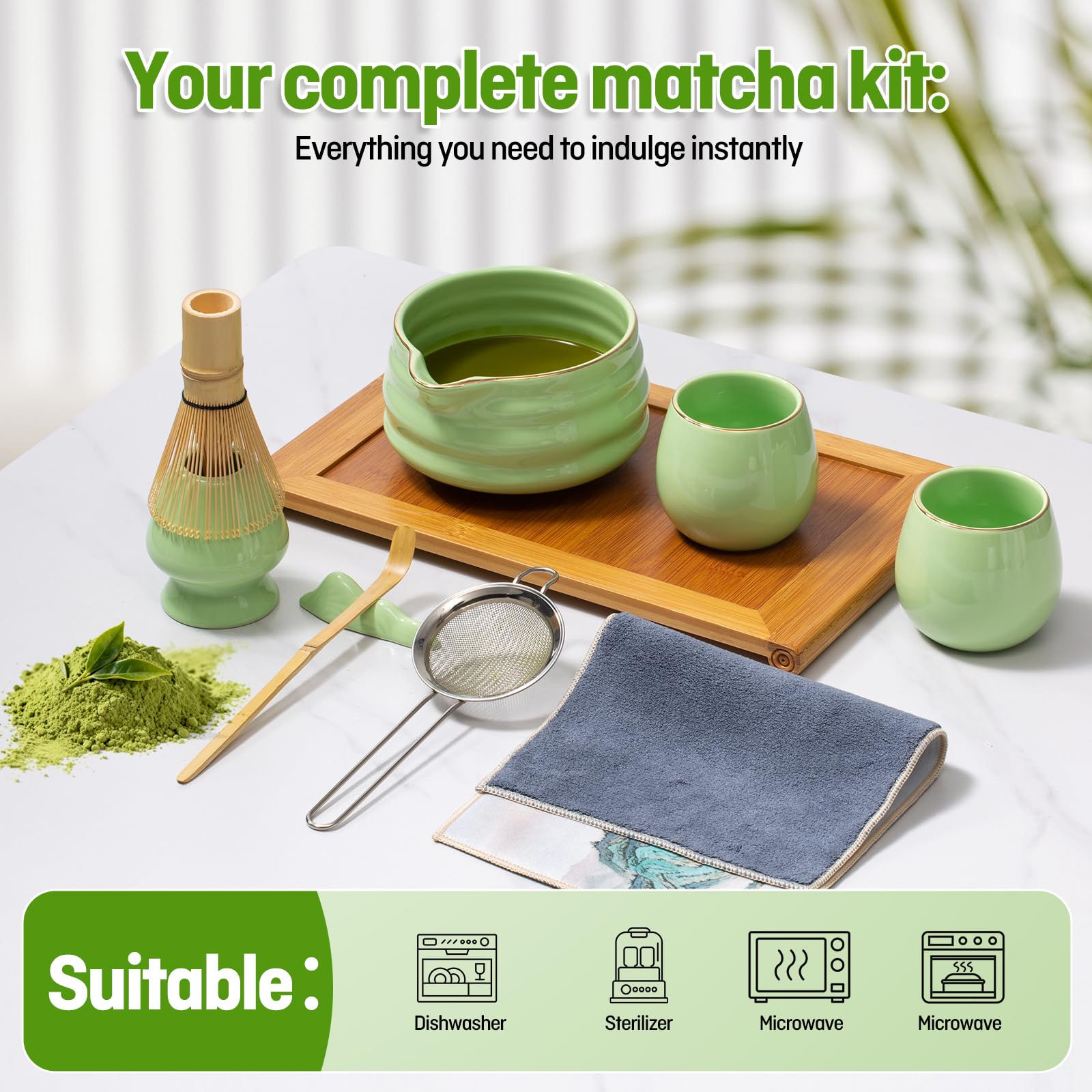 Matcha set - 9 Stück Japanisches Tee-set Inkl Chawan mit Ausgießer, 2 tazze, Schaufel, Halter, Sieb, Matchabesen das perfekte Geschenk für Japanische Teezeremonie-Liebhaber,Green