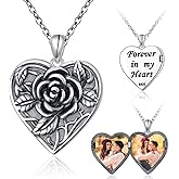 925 Sterling Silver Rose Heart Locket Necklace Hold 2 Photos Personalized Customized Picture Oxidized Flower Keepsake Pendant Necklace Memory Jewelry Birthday Valentines Day Gifts for Women Mother Wife Sisters