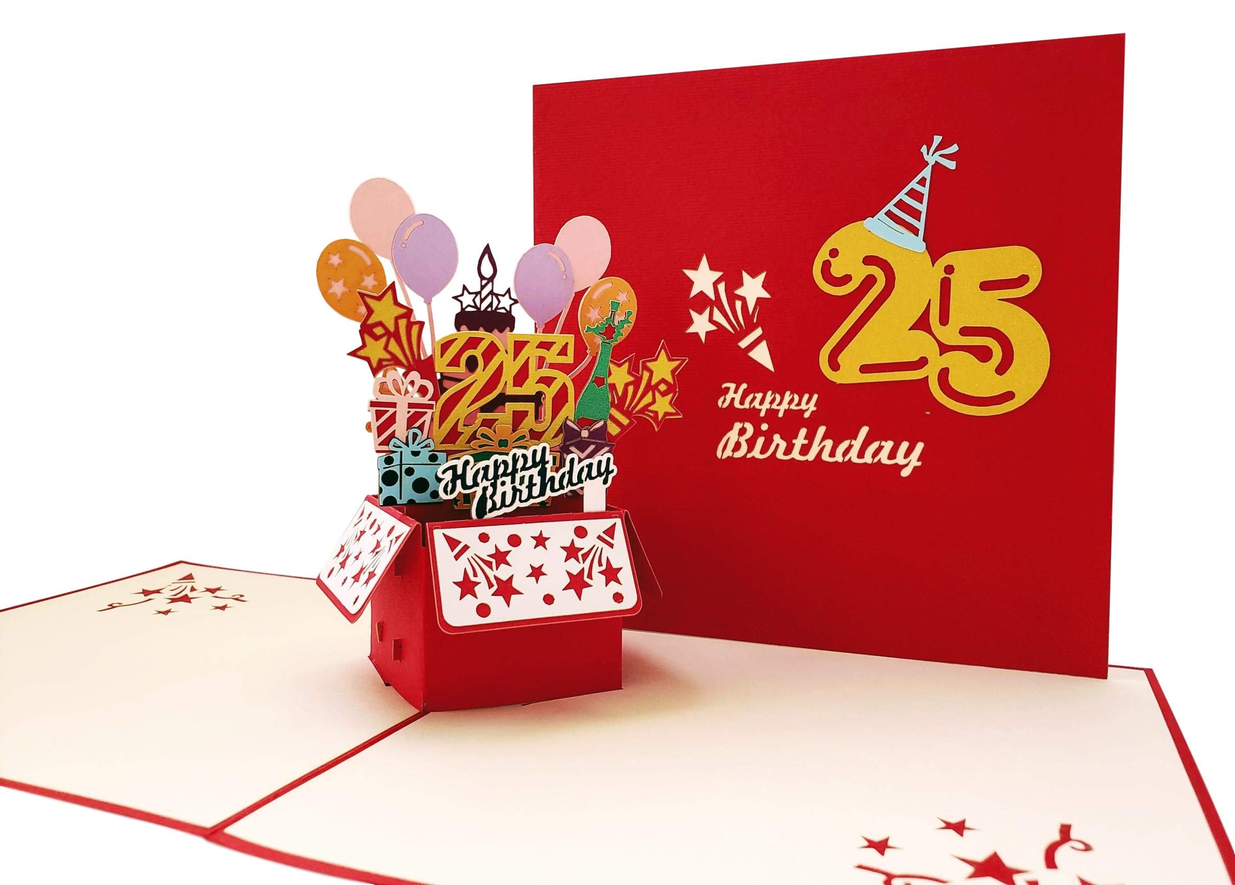 iGifts And Cards Happy 25th Birthday Red Party Box 3D Pop Up Greeting Card - Twenty- Five Awesome, Balloons, Gift, Unique, Celebration, Feliz Cumpleaños, Cute, Present, Party