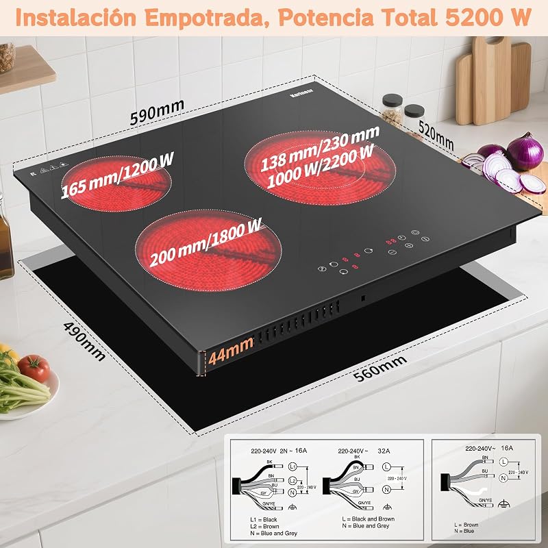 Placa Vitroceramica 3 Fuegos 60 cm con Zona Extensión, 5200 W