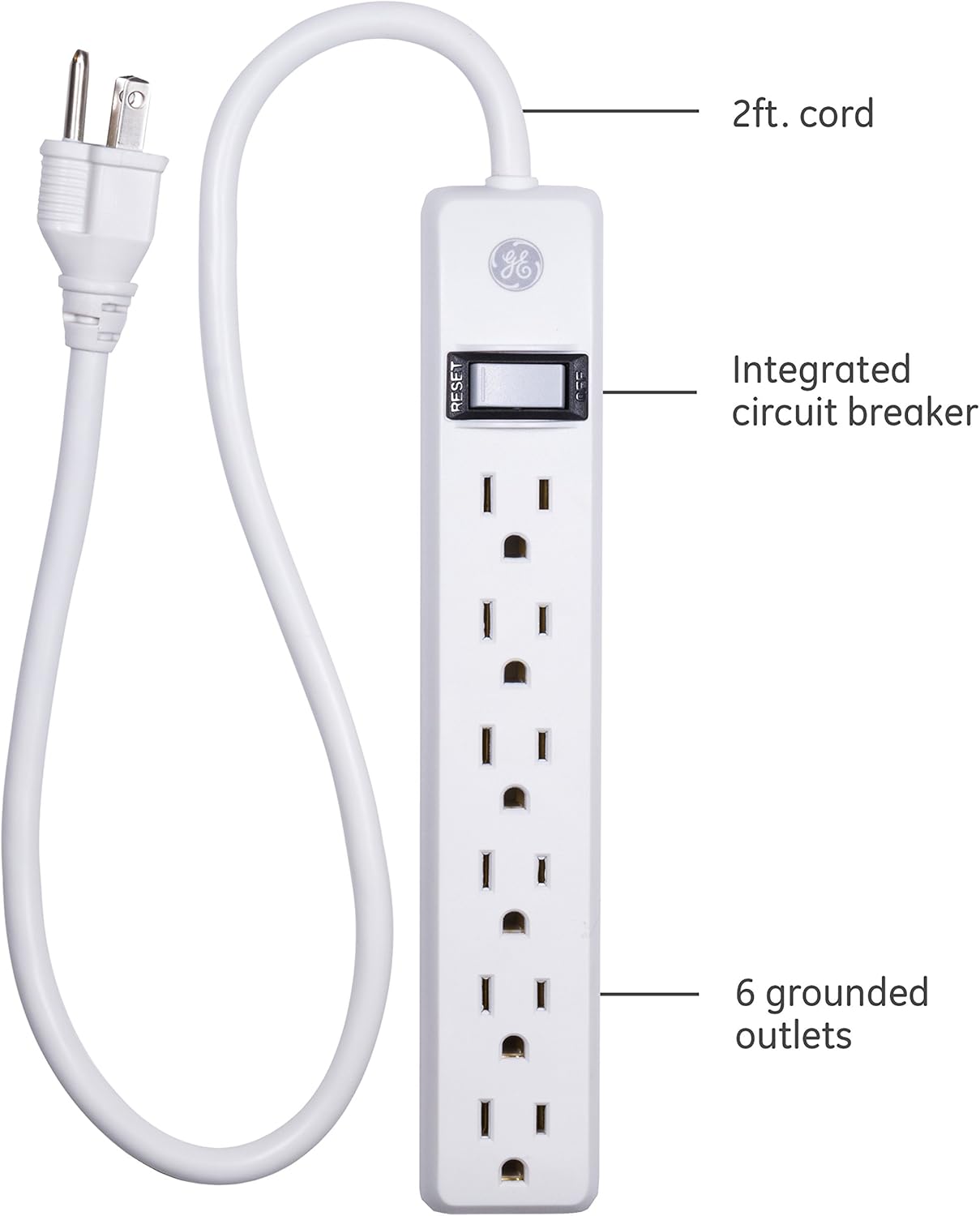 GE 6-Outlet Power Strip, 2 ft Cord, Power Switch, Integrated Circuit Breaker, Overload Protection, 15A, 1800W, UL Listed, White, 14830: Home Improvement