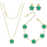 Five Leaf Clover Jewelry Set for Women | 18K Gold Plated Bracelet Necklace Earrings | 5 Leaf Lucky Pendant and Ear Studs for Her