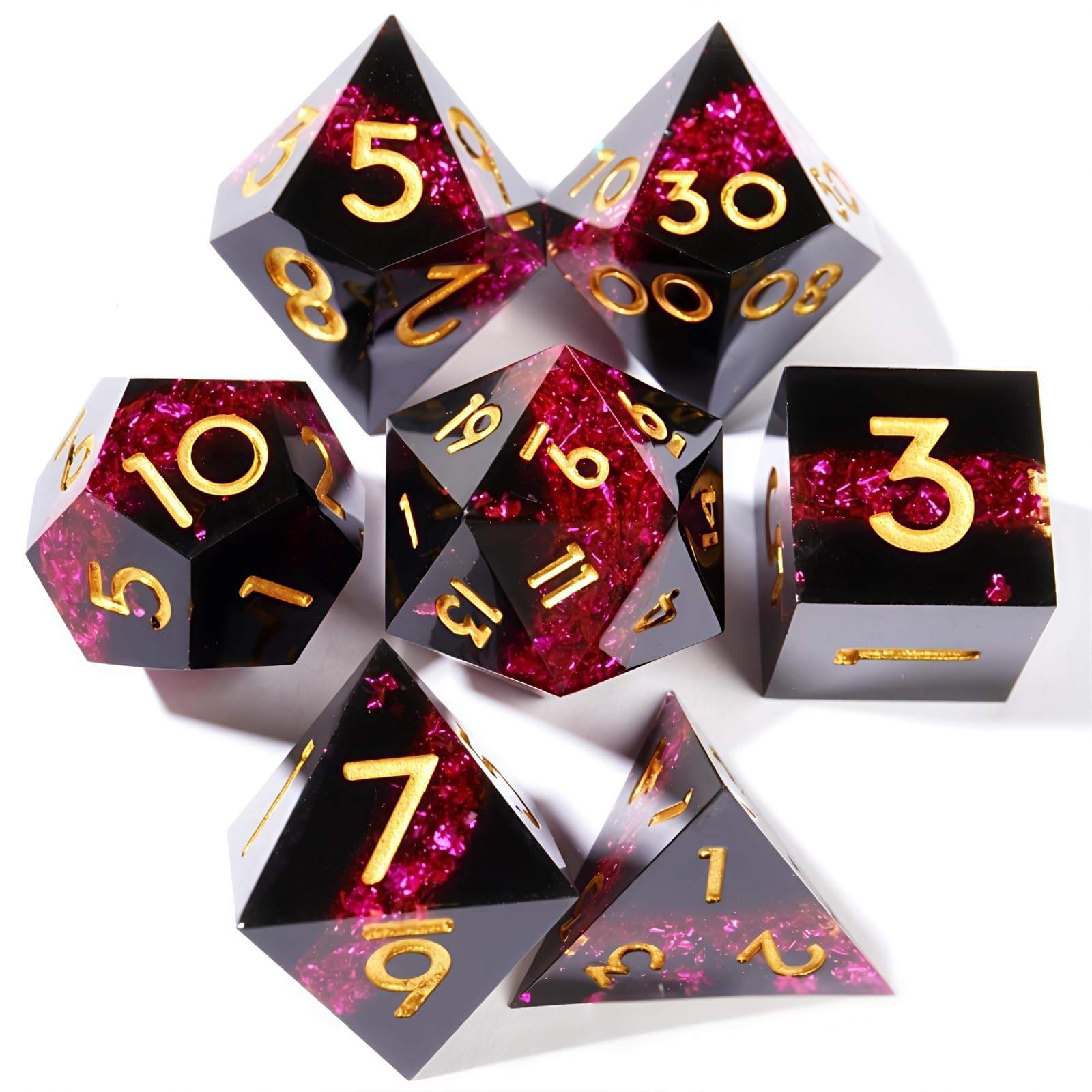 ORUZA 7 PCS Polyhedral DND Dice Resin Sharp Edge D&D Dice Set for Dungeons and Dragons RPG MTG Table Role Playing Games Die D20 D12 D10 D8 D6 D4 D%
