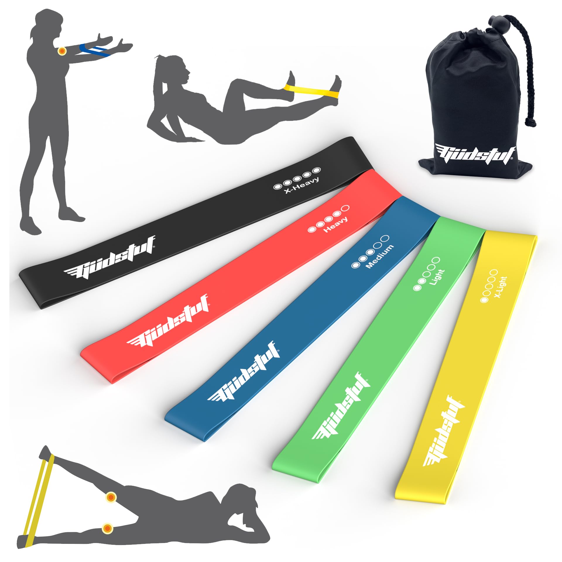Güdstuf Resistance Bands Set of 5 – Natural Latex Loop Bands with Carry Pouch – Non-Slip Exercise Bands for Home Fitness, Yoga, Pilates, Rehab & Strength Training