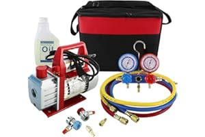 YaeKoo 110V 3CFM 1/4HP Single Stage Rotary Vane Air Vacuum Pump HVAC A/C Refrigeration Kit AC Manifold Gauge Set R134A R12 R2