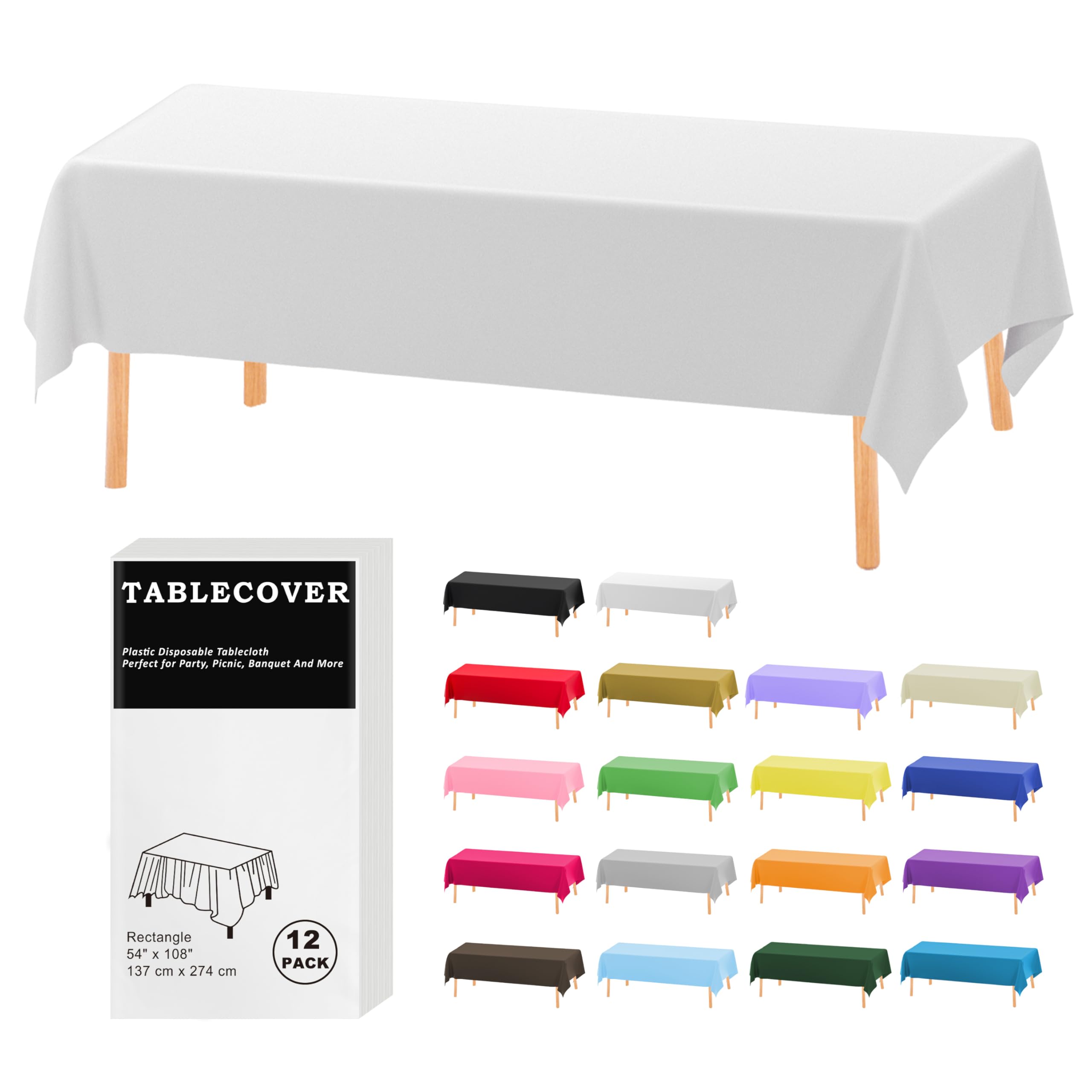 D&Z Plastic Tablecloth Disposable, 12 Pack White, 54 x 108 Inch Rectangle Table Cover for Indoor&Outdoor, Ideal for Party, Picnic, Birthday, Wedding & Dinner